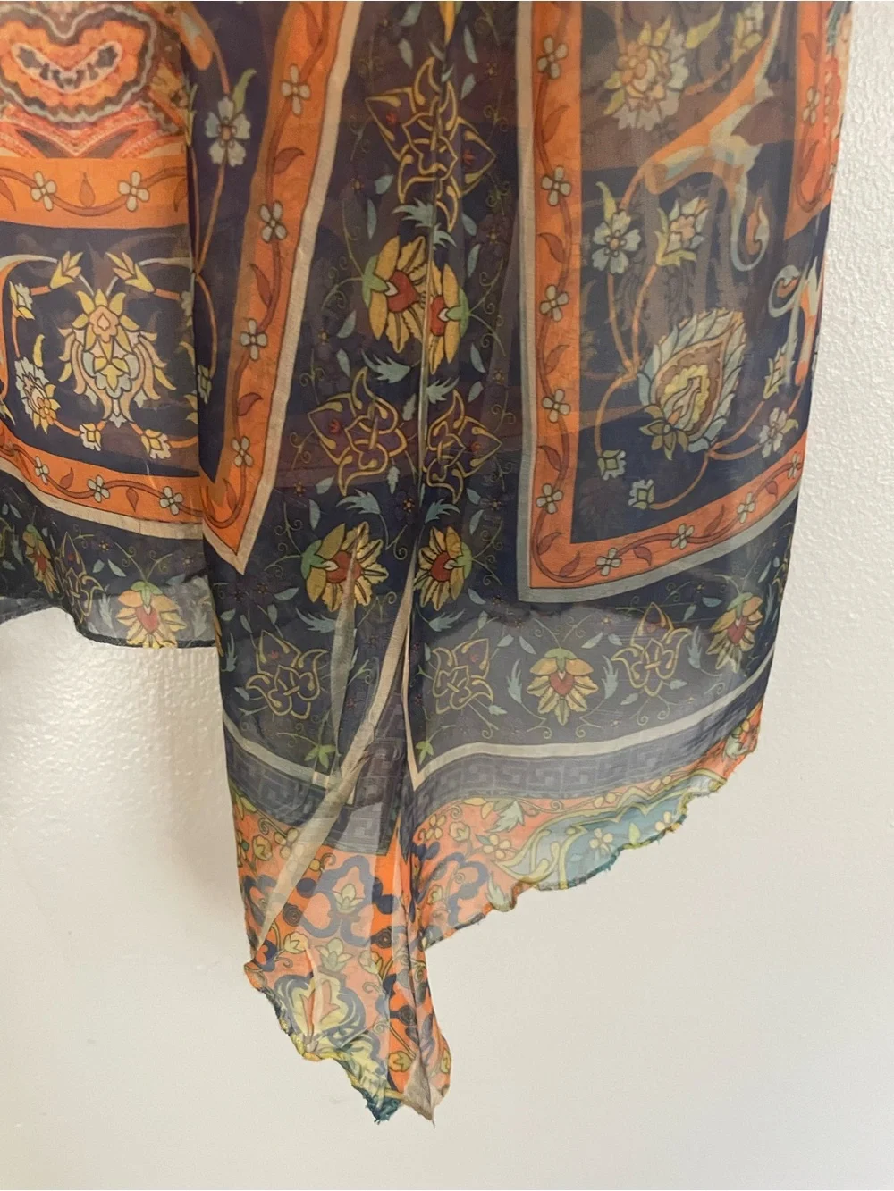 One World Boho Paisley Bird Print Chiffon Handkerchief Hem Tank Top Lace Sz M
